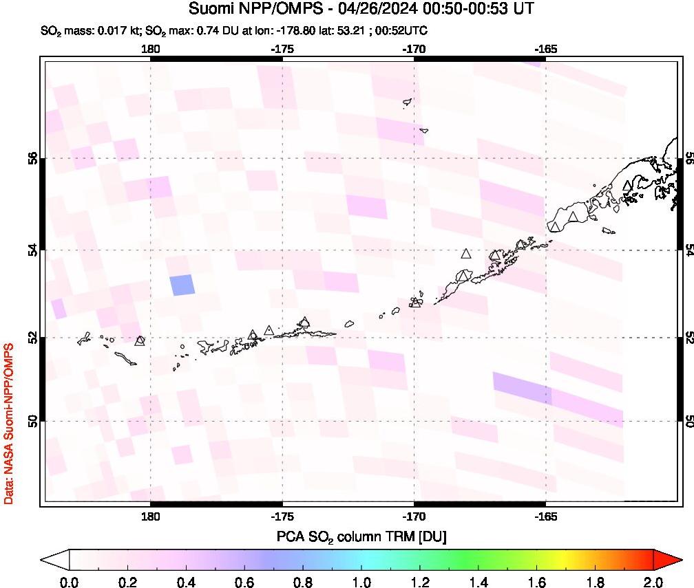 A sulfur dioxide image over Aleutian Islands, Alaska, USA on Apr 26, 2024.