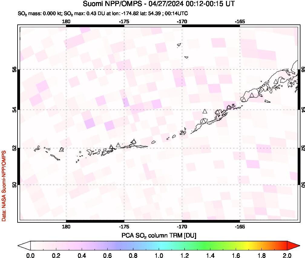 A sulfur dioxide image over Aleutian Islands, Alaska, USA on Apr 27, 2024.