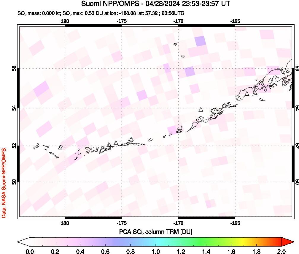 A sulfur dioxide image over Aleutian Islands, Alaska, USA on Apr 28, 2024.