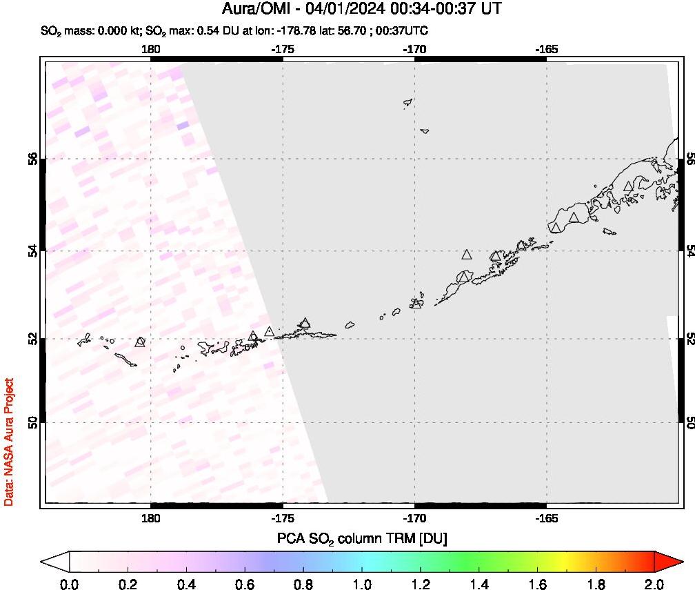 A sulfur dioxide image over Aleutian Islands, Alaska, USA on Apr 01, 2024.