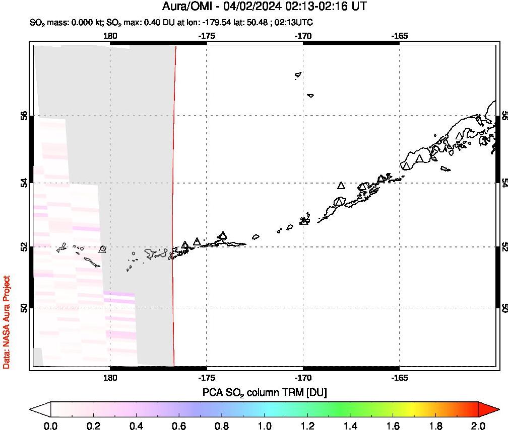 A sulfur dioxide image over Aleutian Islands, Alaska, USA on Apr 02, 2024.