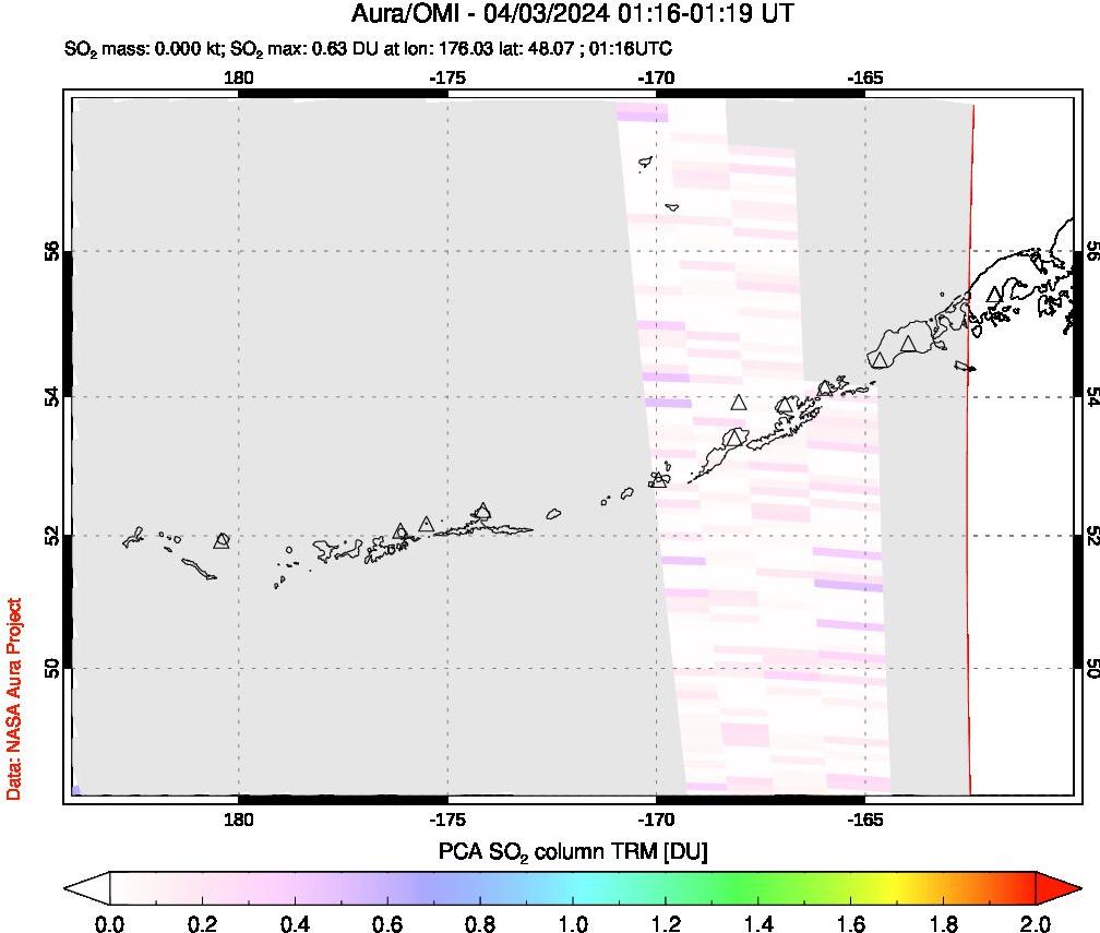 A sulfur dioxide image over Aleutian Islands, Alaska, USA on Apr 03, 2024.