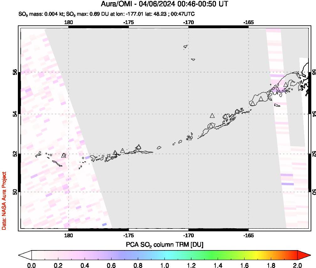 A sulfur dioxide image over Aleutian Islands, Alaska, USA on Apr 06, 2024.