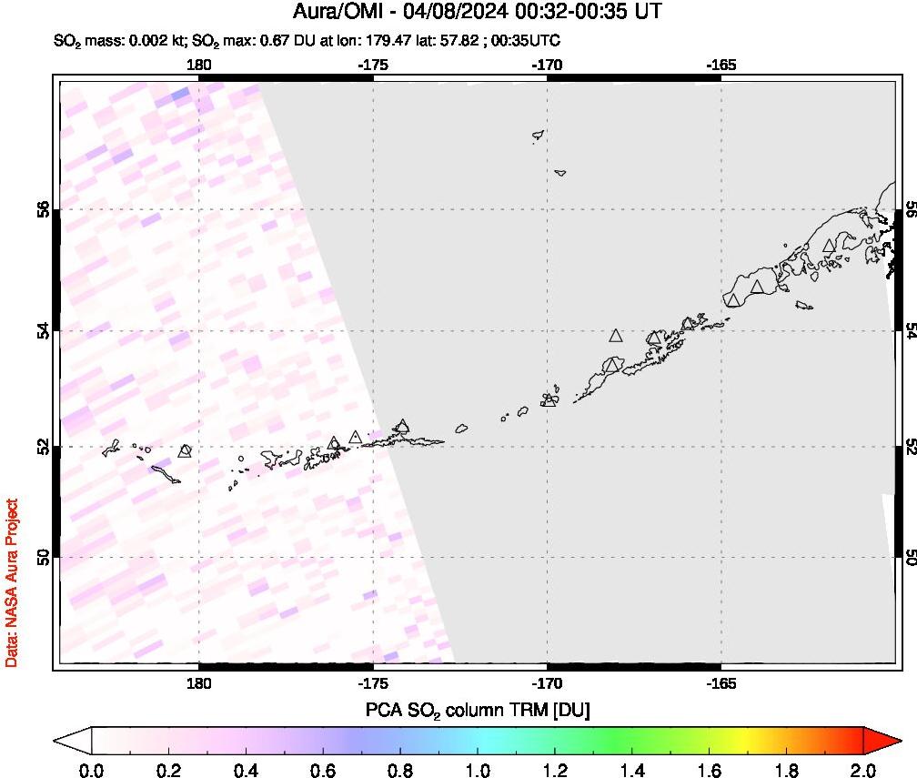 A sulfur dioxide image over Aleutian Islands, Alaska, USA on Apr 08, 2024.