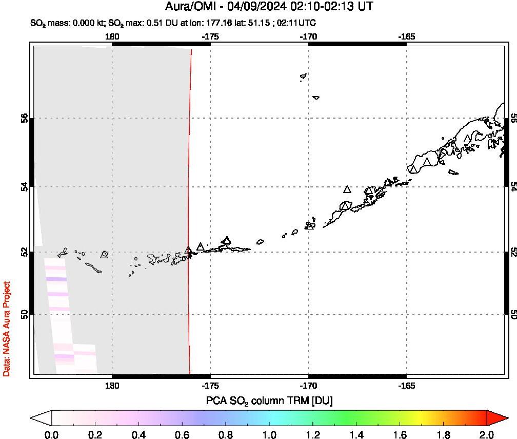 A sulfur dioxide image over Aleutian Islands, Alaska, USA on Apr 09, 2024.