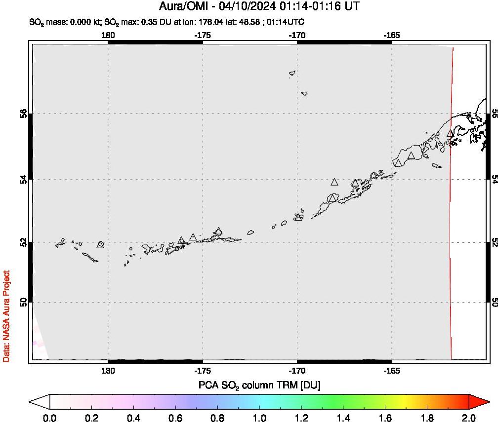 A sulfur dioxide image over Aleutian Islands, Alaska, USA on Apr 10, 2024.