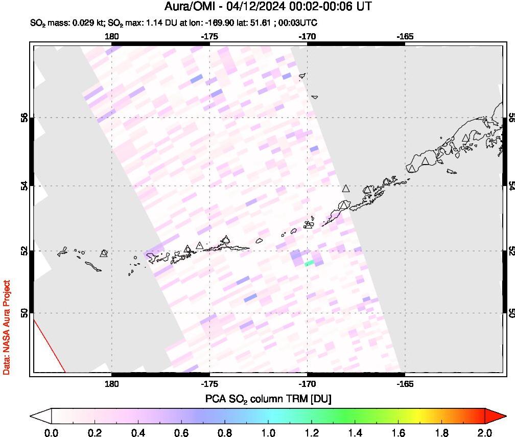 A sulfur dioxide image over Aleutian Islands, Alaska, USA on Apr 12, 2024.