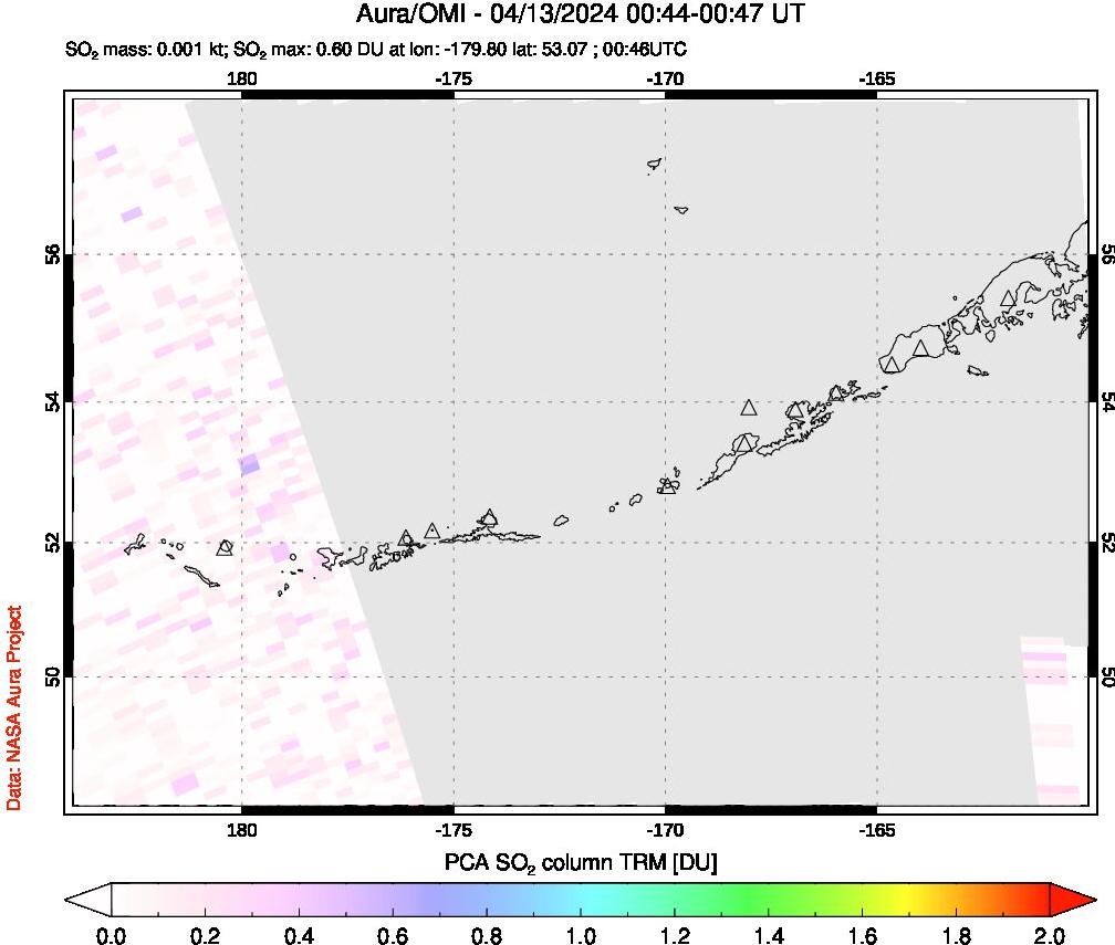 A sulfur dioxide image over Aleutian Islands, Alaska, USA on Apr 13, 2024.