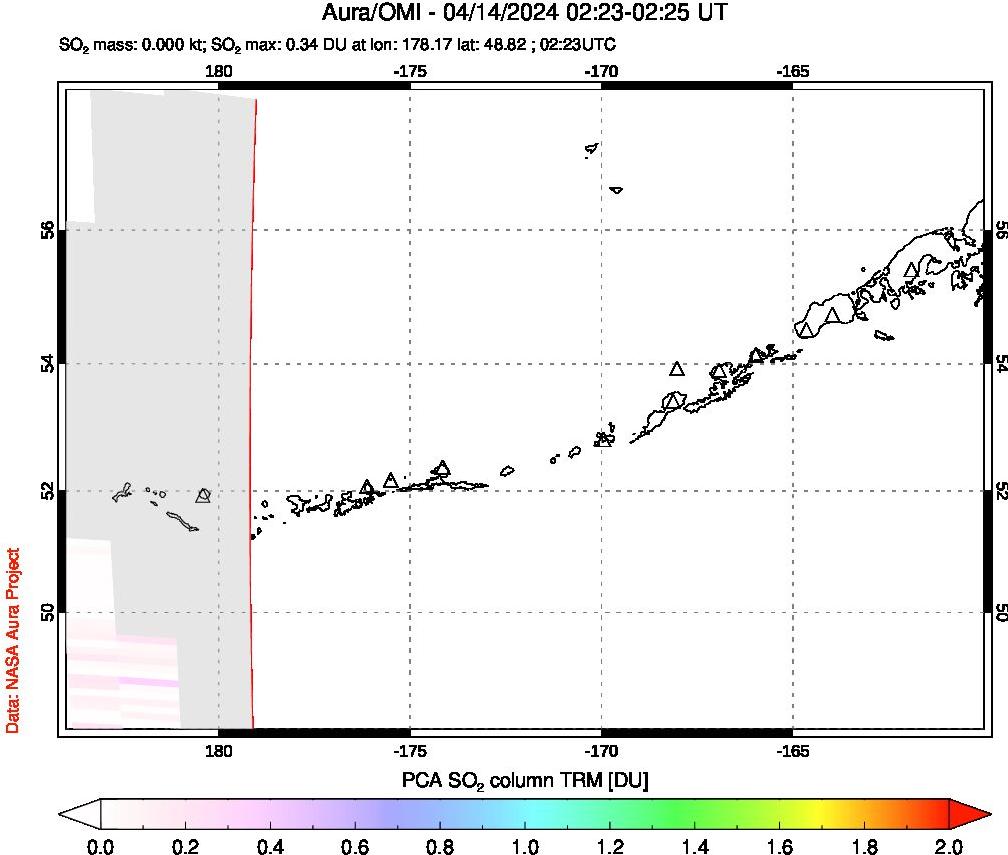 A sulfur dioxide image over Aleutian Islands, Alaska, USA on Apr 14, 2024.