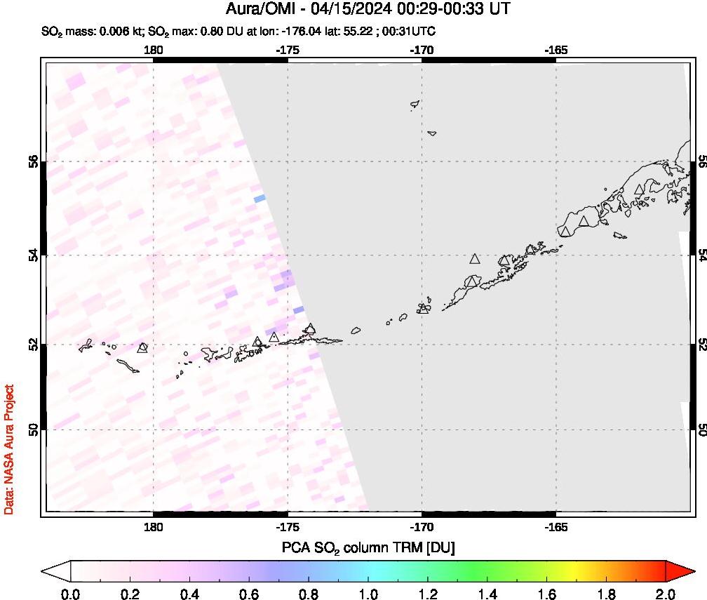 A sulfur dioxide image over Aleutian Islands, Alaska, USA on Apr 15, 2024.