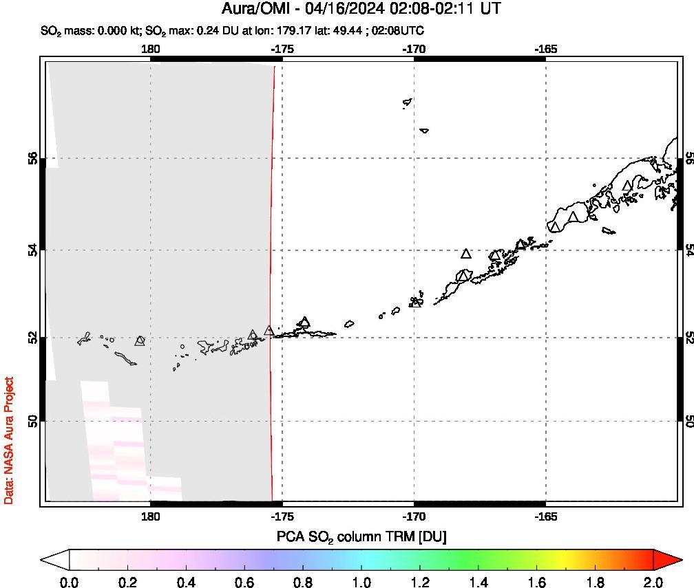 A sulfur dioxide image over Aleutian Islands, Alaska, USA on Apr 16, 2024.