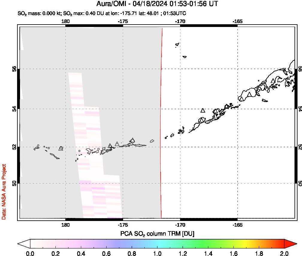 A sulfur dioxide image over Aleutian Islands, Alaska, USA on Apr 18, 2024.