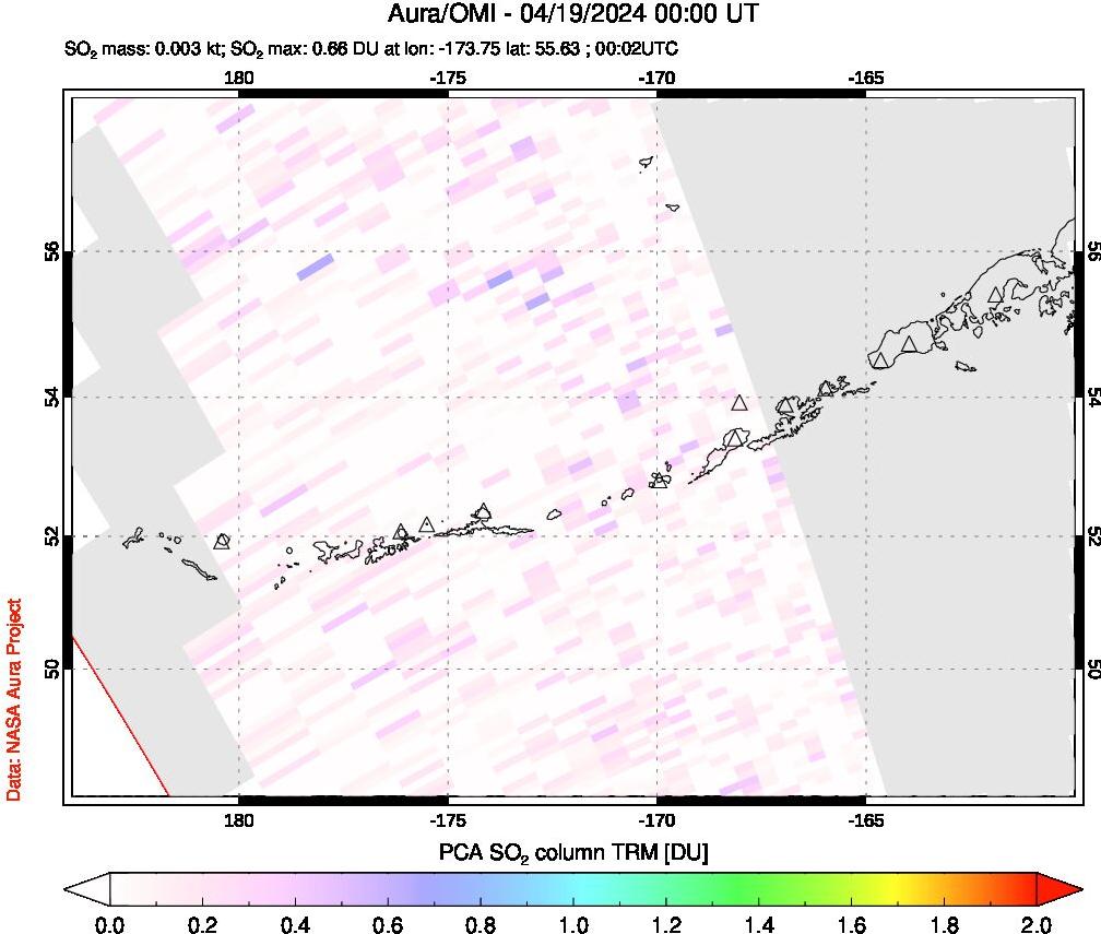 A sulfur dioxide image over Aleutian Islands, Alaska, USA on Apr 19, 2024.