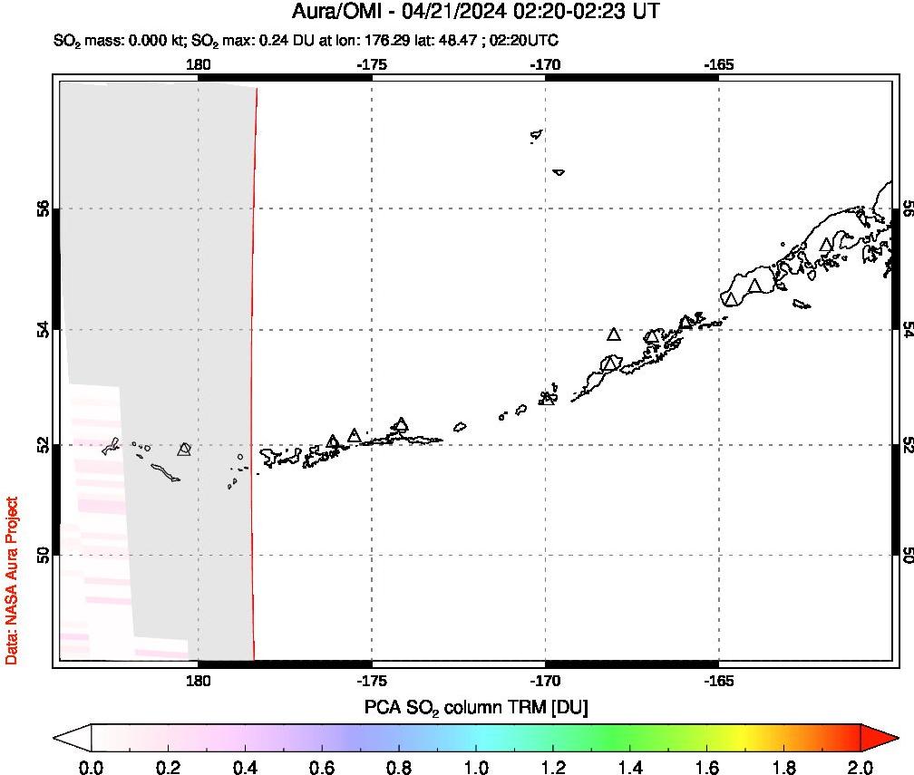 A sulfur dioxide image over Aleutian Islands, Alaska, USA on Apr 21, 2024.