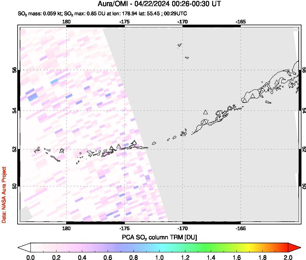 A sulfur dioxide image over Aleutian Islands, Alaska, USA on Apr 22, 2024.