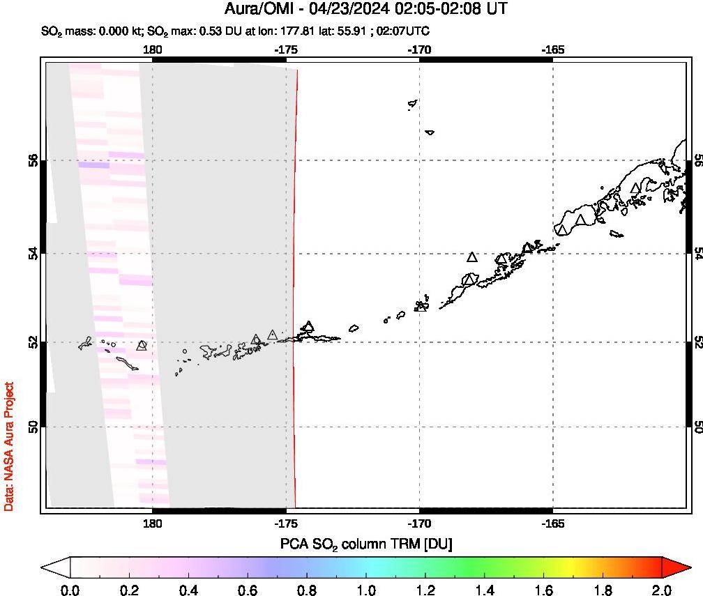 A sulfur dioxide image over Aleutian Islands, Alaska, USA on Apr 23, 2024.