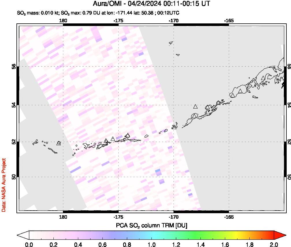 A sulfur dioxide image over Aleutian Islands, Alaska, USA on Apr 24, 2024.