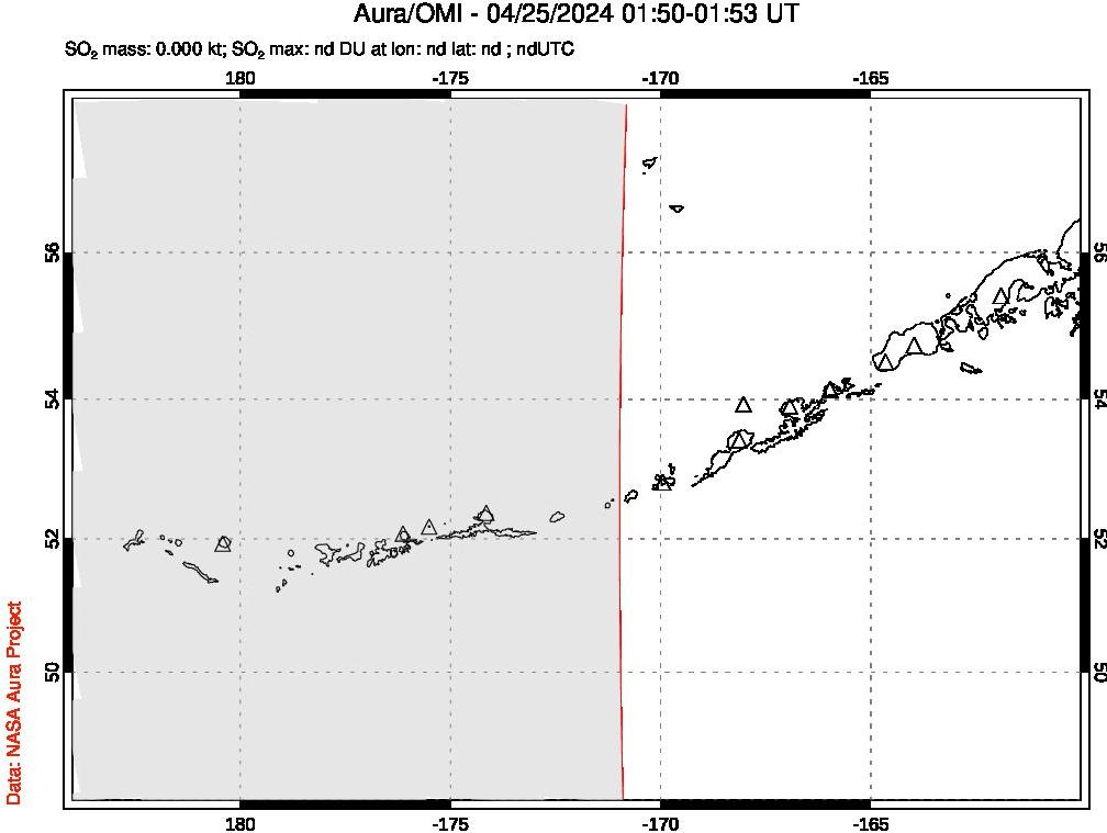 A sulfur dioxide image over Aleutian Islands, Alaska, USA on Apr 25, 2024.