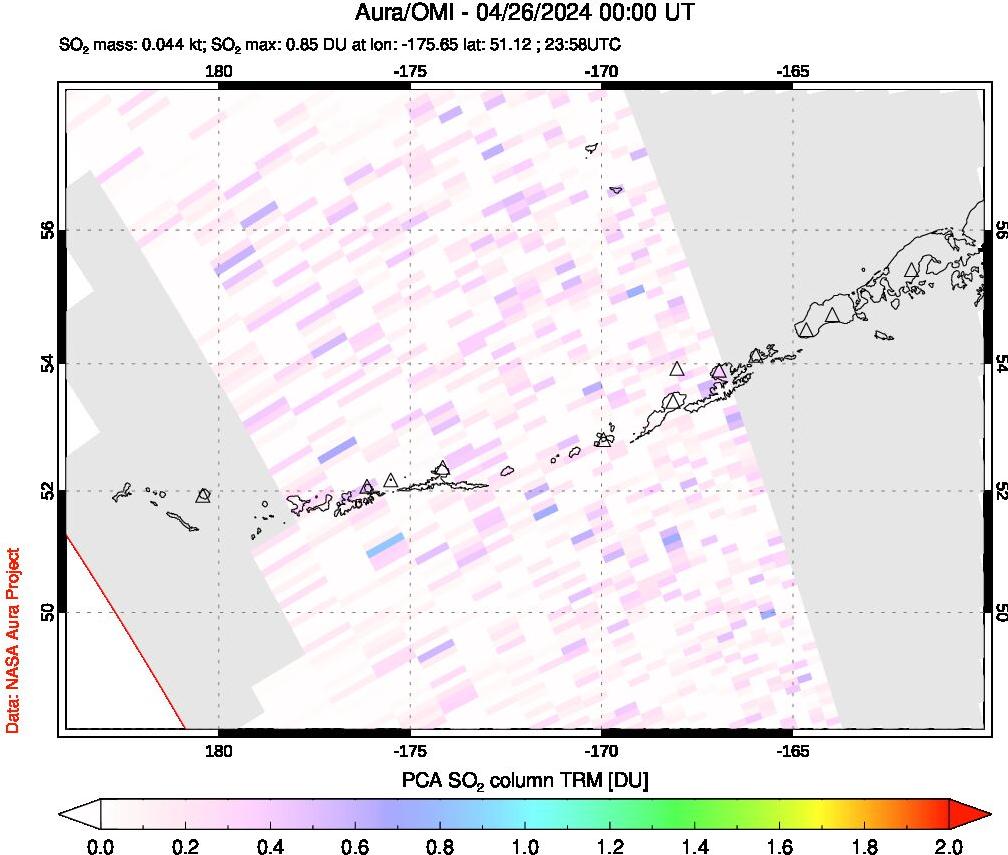 A sulfur dioxide image over Aleutian Islands, Alaska, USA on Apr 26, 2024.