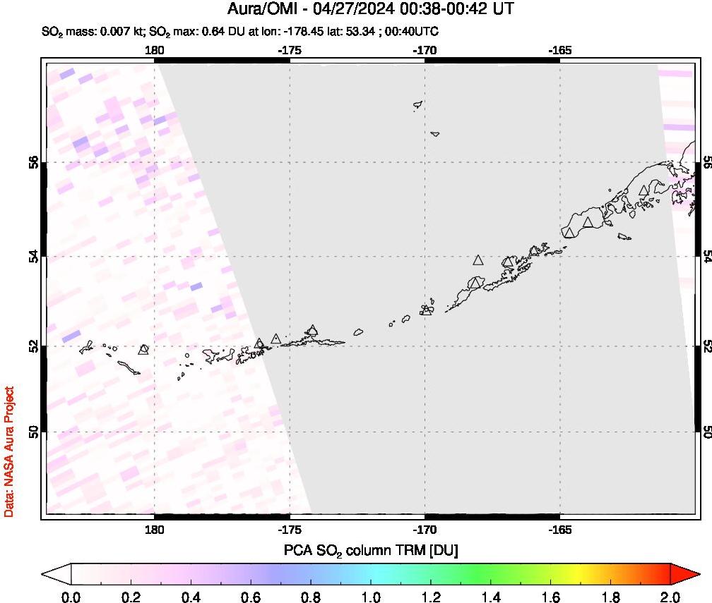 A sulfur dioxide image over Aleutian Islands, Alaska, USA on Apr 27, 2024.