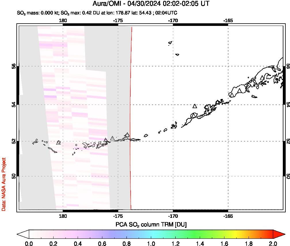 A sulfur dioxide image over Aleutian Islands, Alaska, USA on Apr 30, 2024.