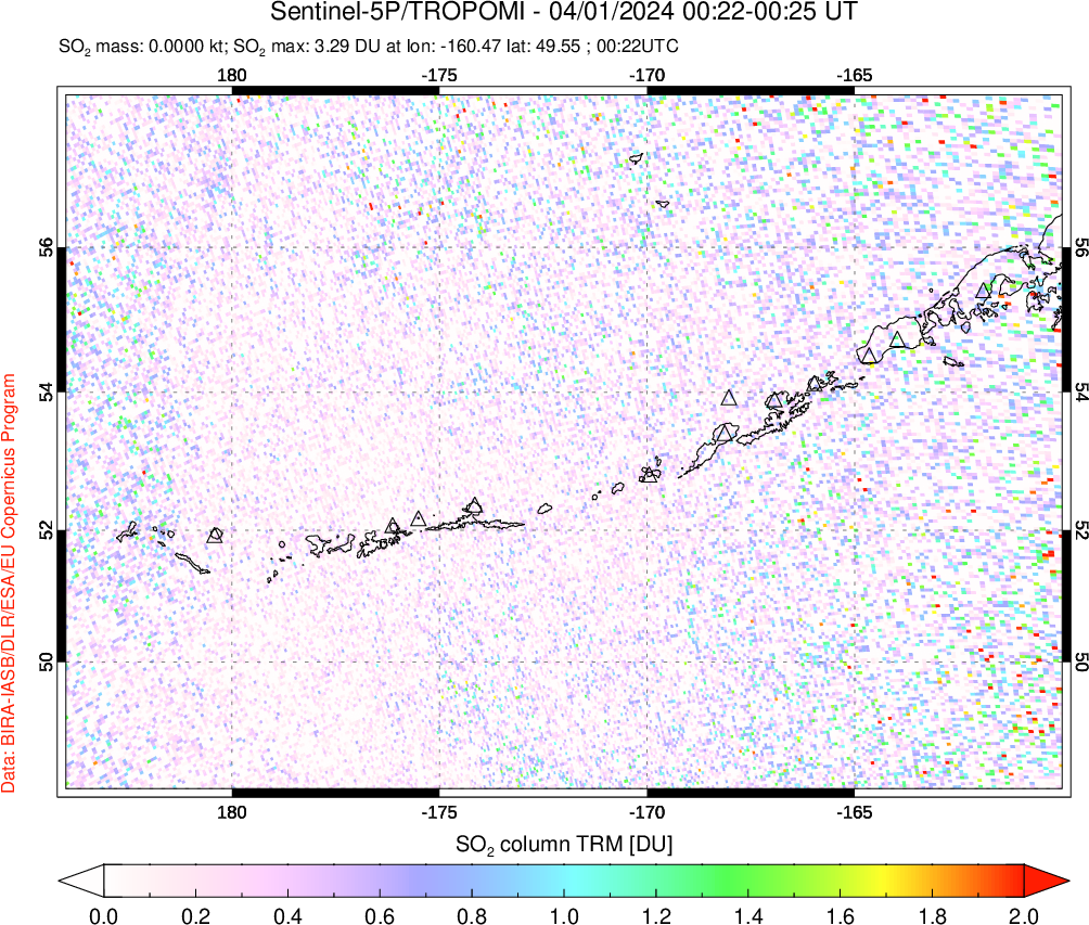 A sulfur dioxide image over Aleutian Islands, Alaska, USA on Apr 01, 2024.