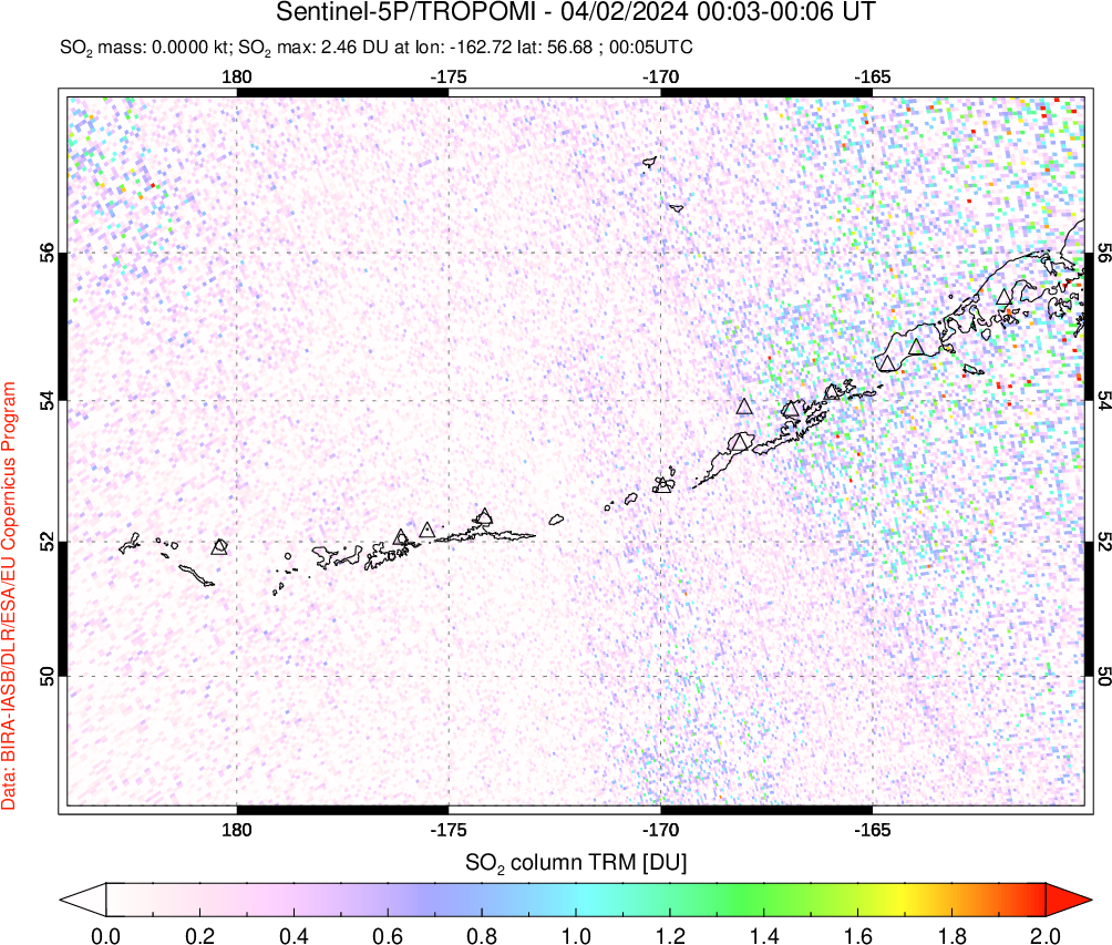 A sulfur dioxide image over Aleutian Islands, Alaska, USA on Apr 02, 2024.