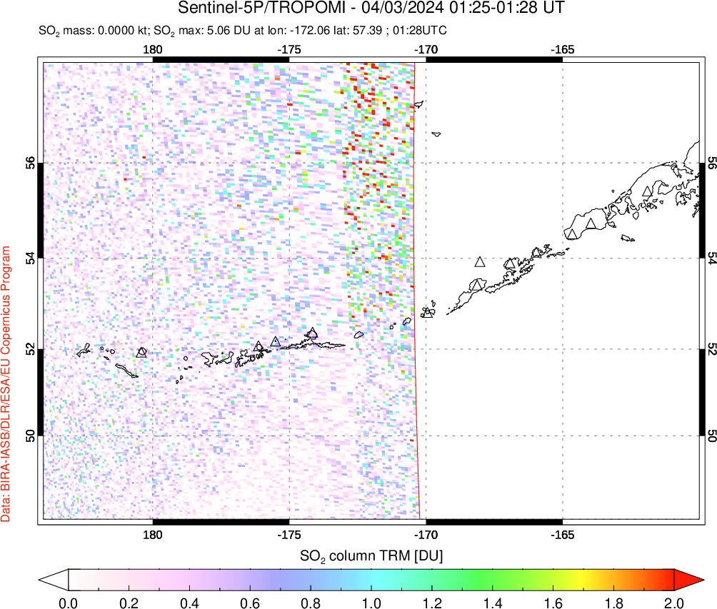 A sulfur dioxide image over Aleutian Islands, Alaska, USA on Apr 03, 2024.