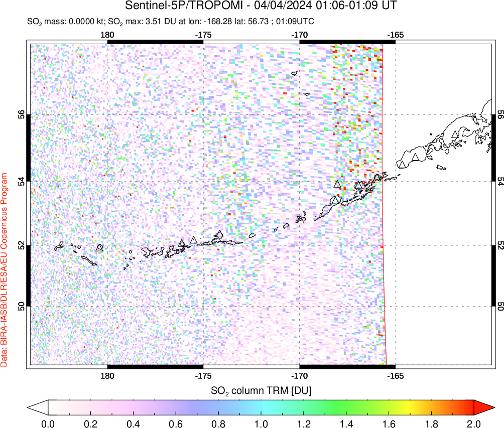 A sulfur dioxide image over Aleutian Islands, Alaska, USA on Apr 04, 2024.