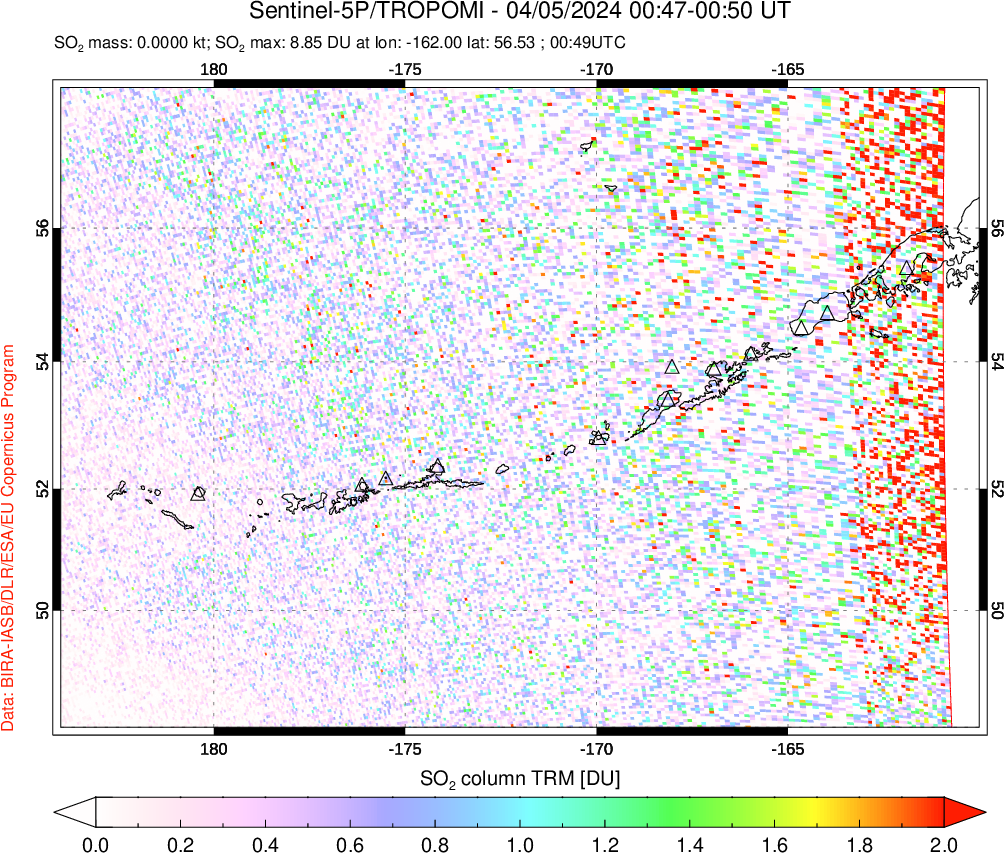 A sulfur dioxide image over Aleutian Islands, Alaska, USA on Apr 05, 2024.