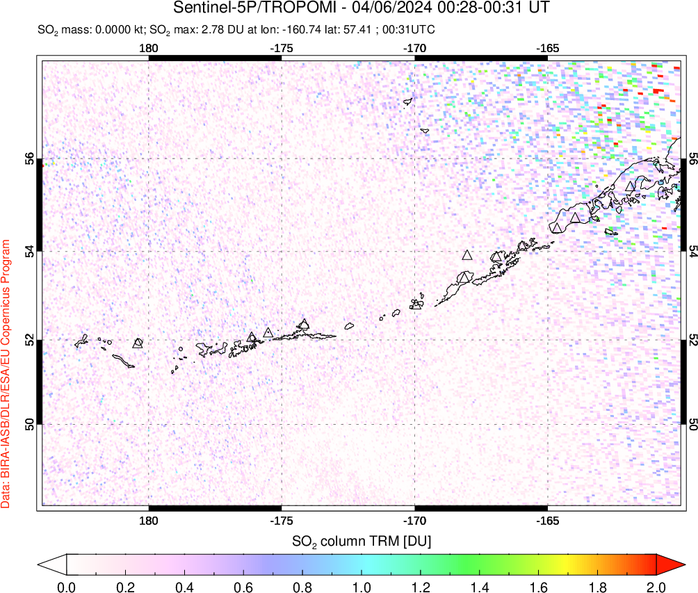 A sulfur dioxide image over Aleutian Islands, Alaska, USA on Apr 06, 2024.