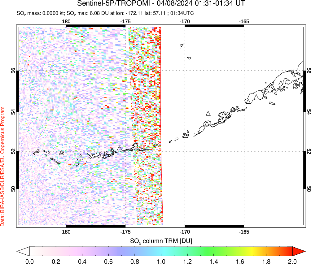 A sulfur dioxide image over Aleutian Islands, Alaska, USA on Apr 08, 2024.