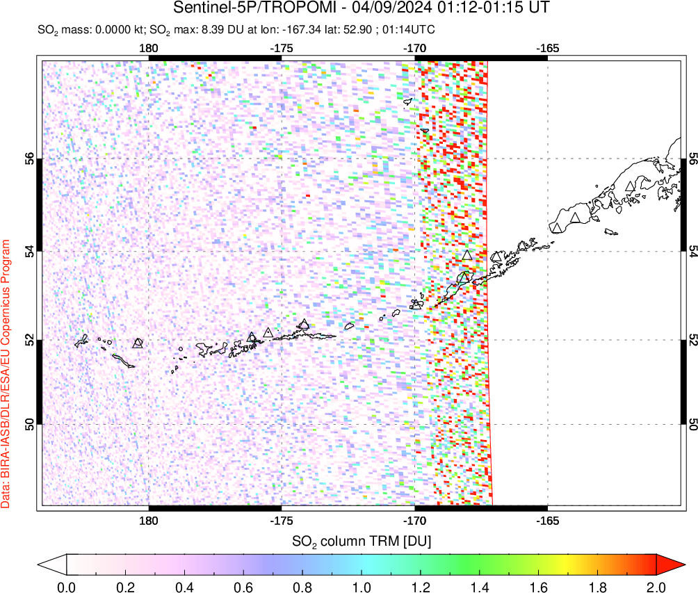 A sulfur dioxide image over Aleutian Islands, Alaska, USA on Apr 09, 2024.