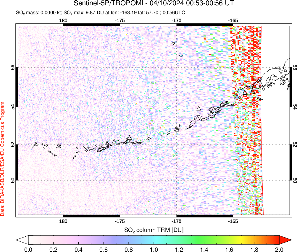 A sulfur dioxide image over Aleutian Islands, Alaska, USA on Apr 10, 2024.