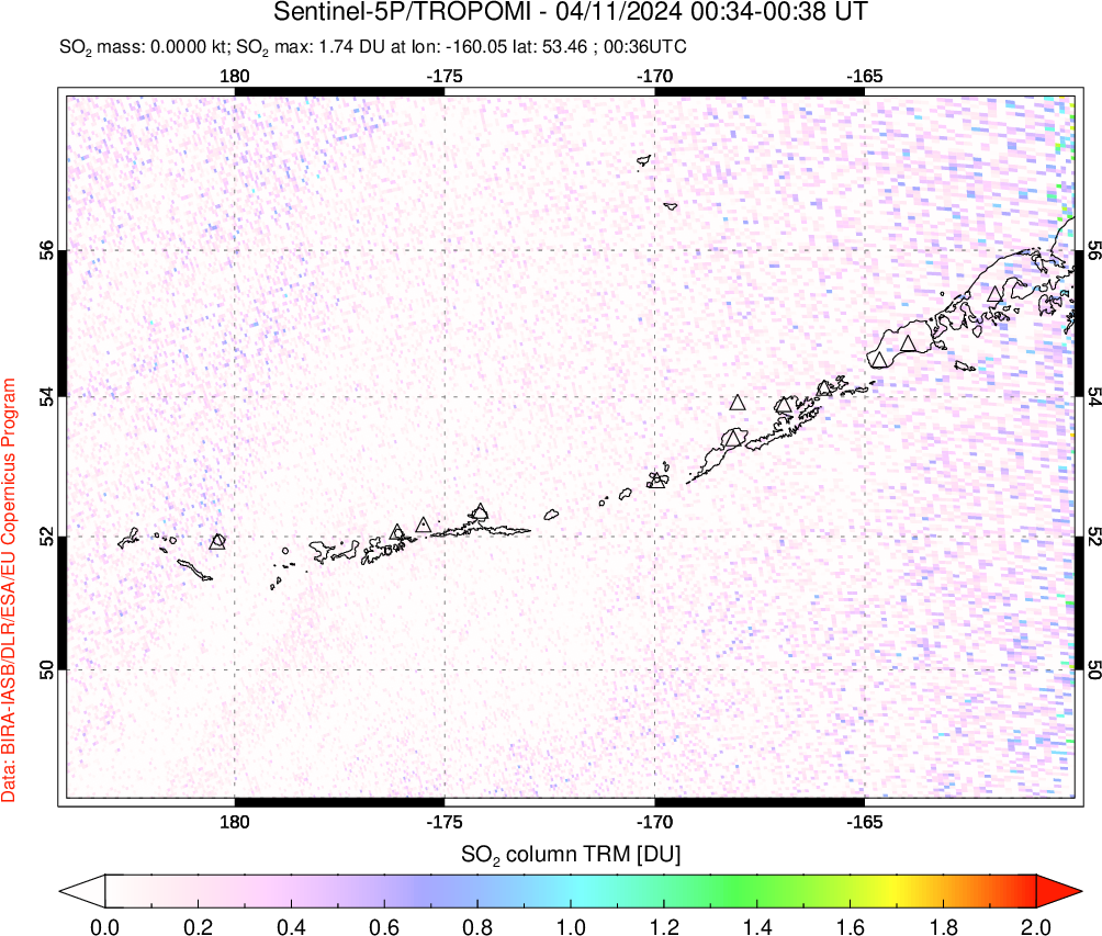 A sulfur dioxide image over Aleutian Islands, Alaska, USA on Apr 11, 2024.