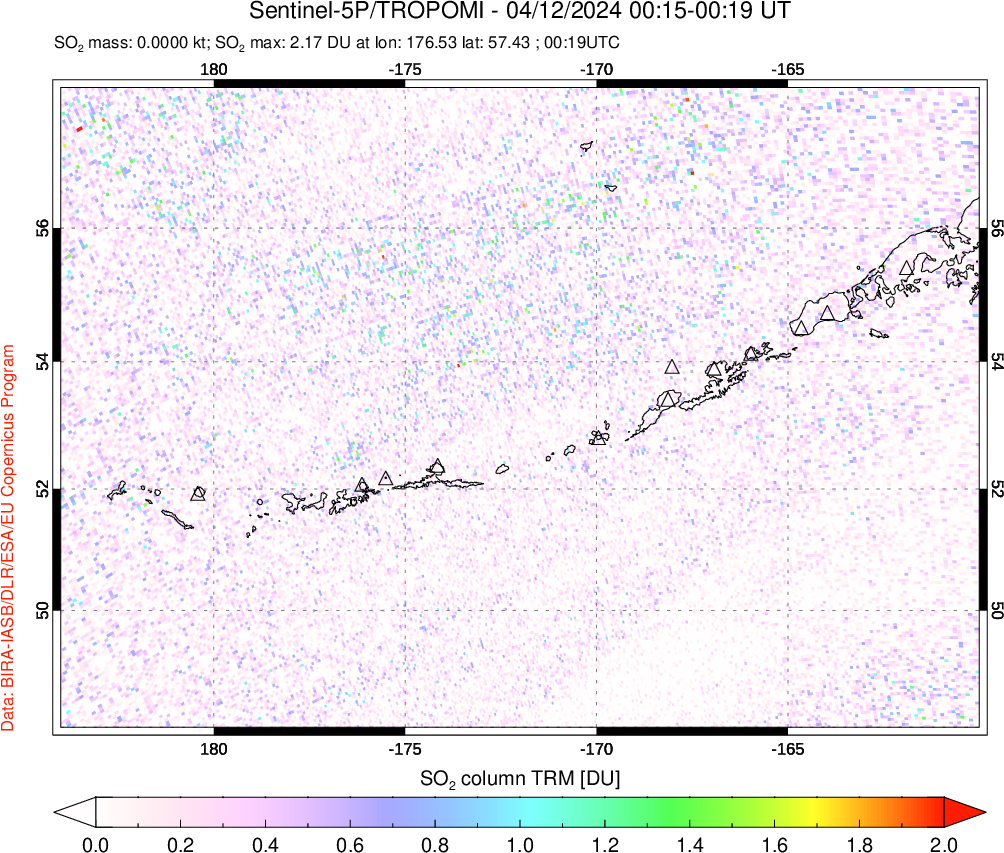 A sulfur dioxide image over Aleutian Islands, Alaska, USA on Apr 12, 2024.