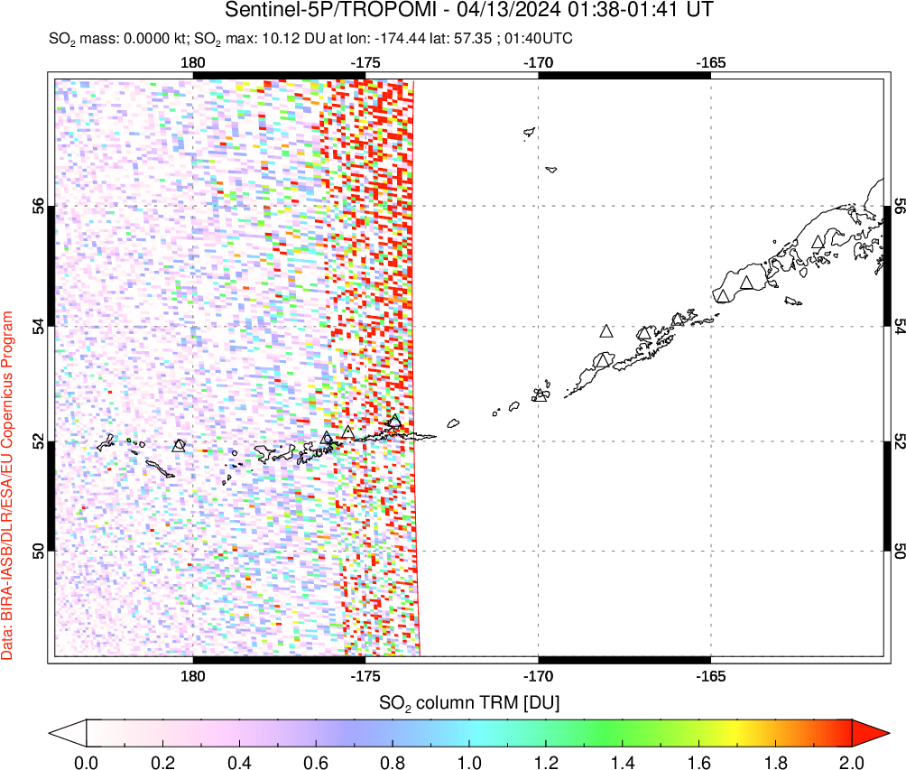 A sulfur dioxide image over Aleutian Islands, Alaska, USA on Apr 13, 2024.