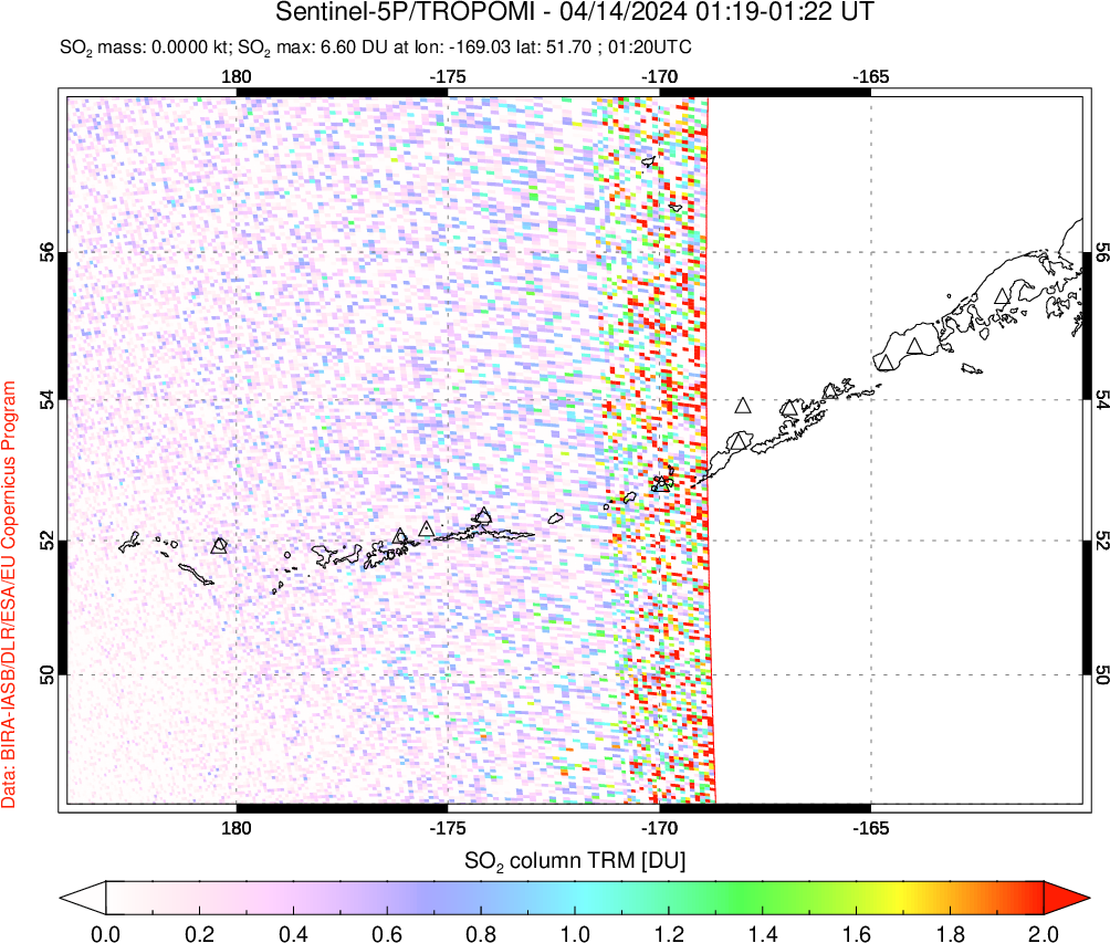 A sulfur dioxide image over Aleutian Islands, Alaska, USA on Apr 14, 2024.