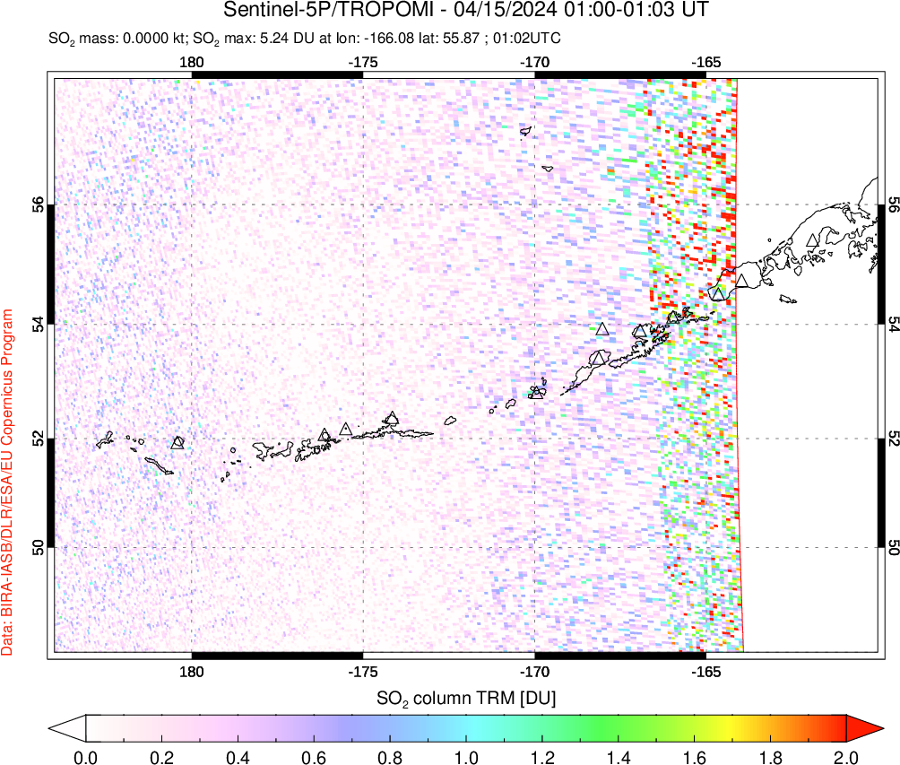 A sulfur dioxide image over Aleutian Islands, Alaska, USA on Apr 15, 2024.