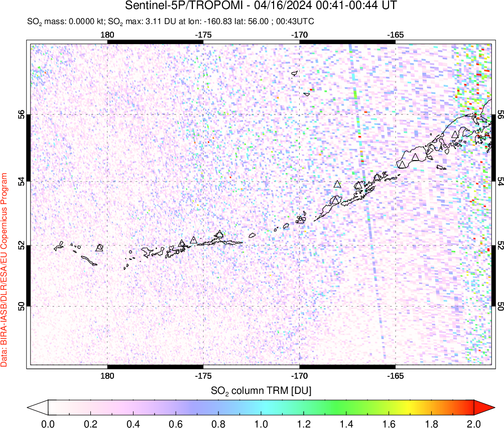 A sulfur dioxide image over Aleutian Islands, Alaska, USA on Apr 16, 2024.