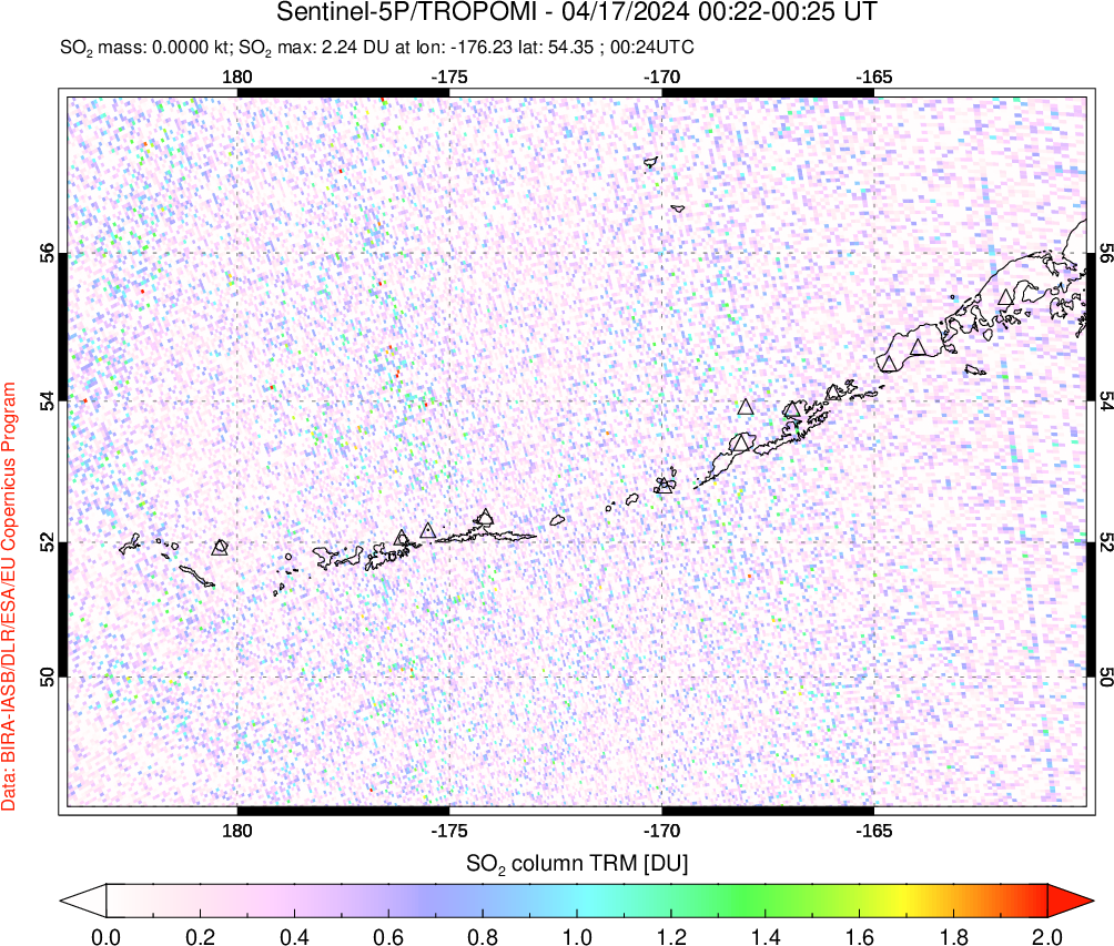 A sulfur dioxide image over Aleutian Islands, Alaska, USA on Apr 17, 2024.