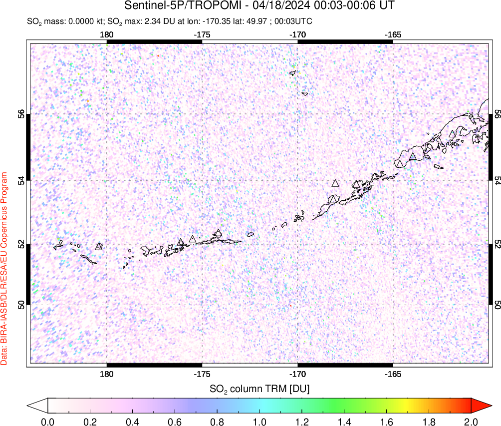 A sulfur dioxide image over Aleutian Islands, Alaska, USA on Apr 18, 2024.