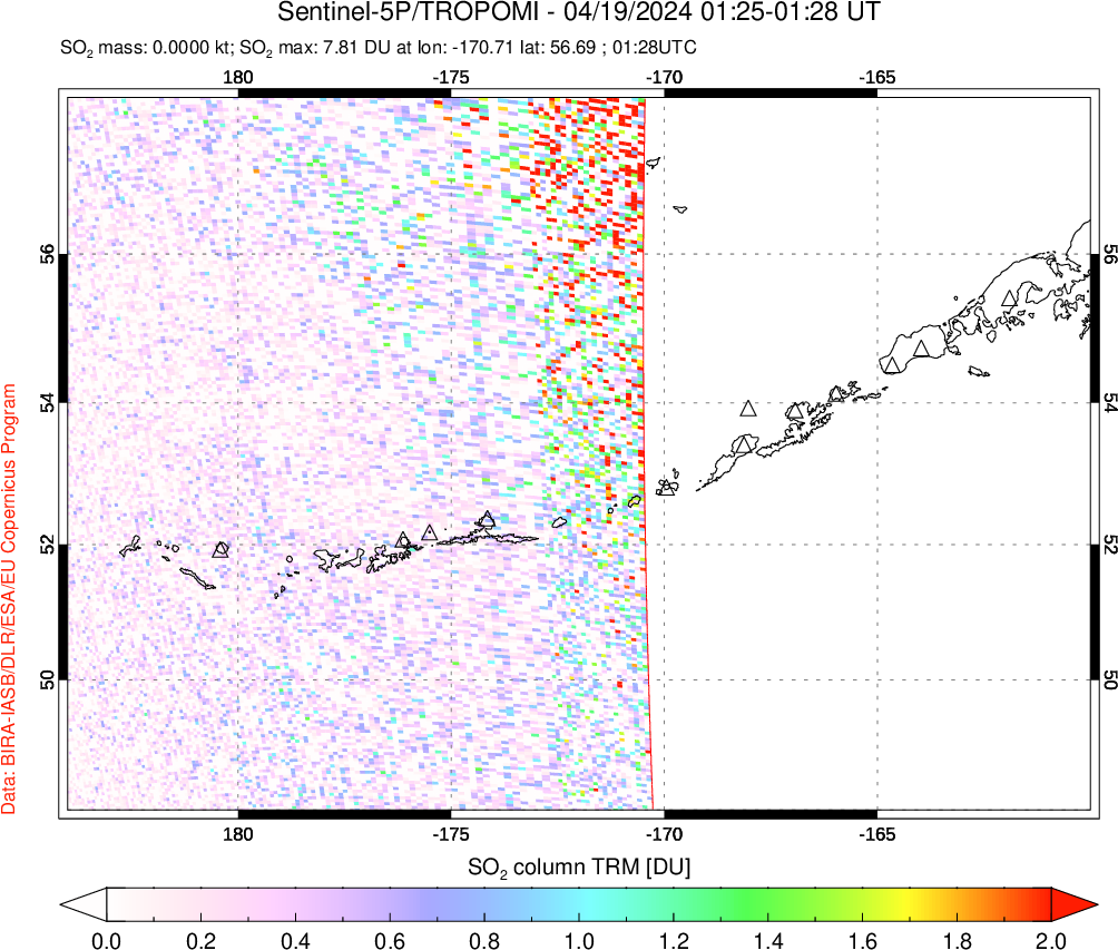 A sulfur dioxide image over Aleutian Islands, Alaska, USA on Apr 19, 2024.