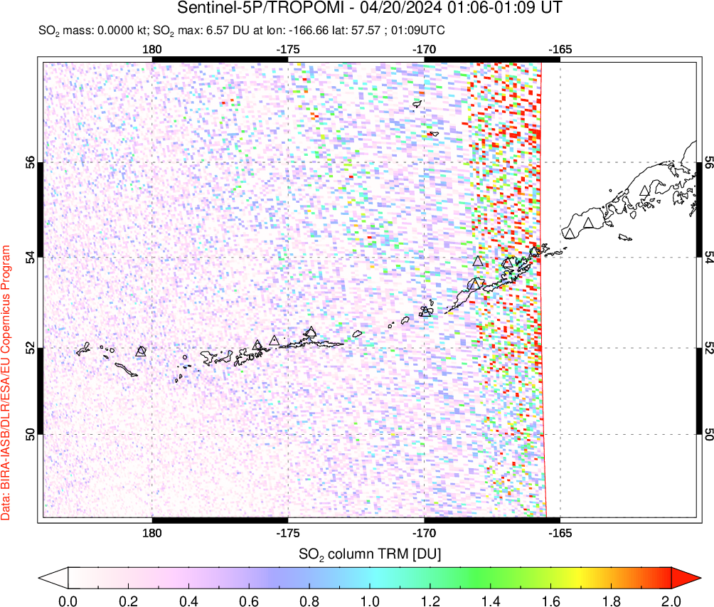 A sulfur dioxide image over Aleutian Islands, Alaska, USA on Apr 20, 2024.