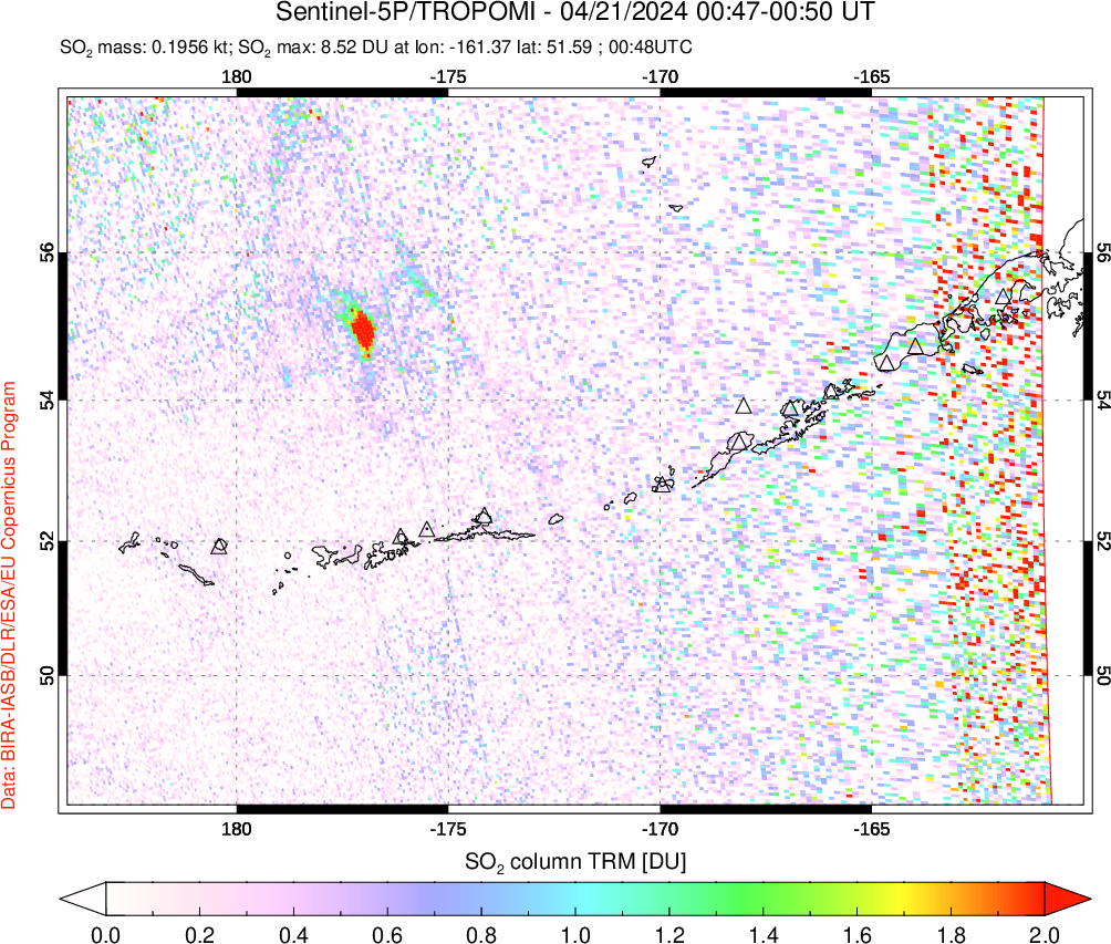 A sulfur dioxide image over Aleutian Islands, Alaska, USA on Apr 21, 2024.