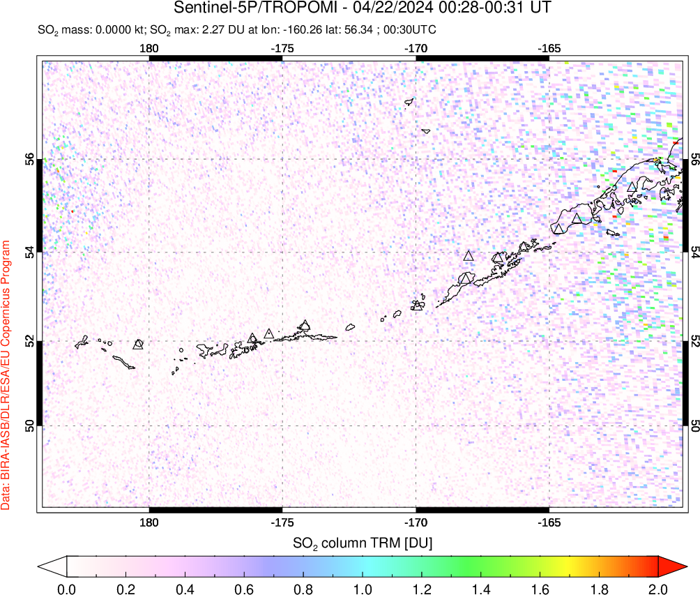 A sulfur dioxide image over Aleutian Islands, Alaska, USA on Apr 22, 2024.