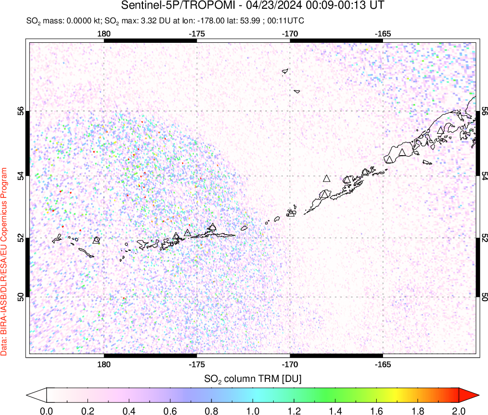 A sulfur dioxide image over Aleutian Islands, Alaska, USA on Apr 23, 2024.