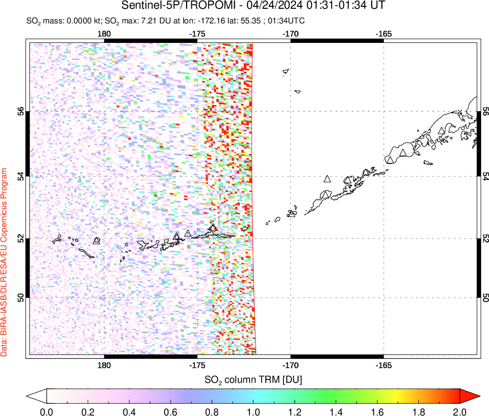 A sulfur dioxide image over Aleutian Islands, Alaska, USA on Apr 24, 2024.