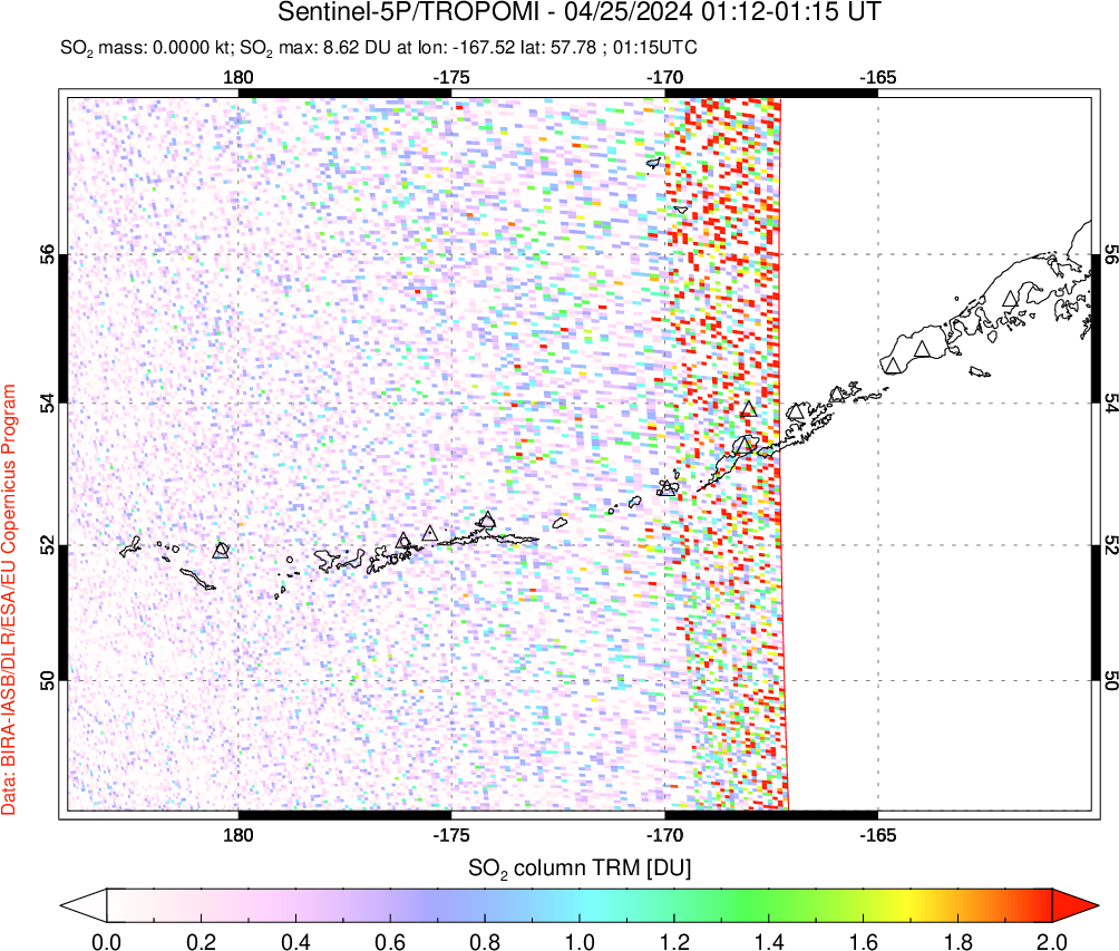 A sulfur dioxide image over Aleutian Islands, Alaska, USA on Apr 25, 2024.