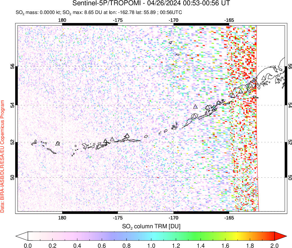 A sulfur dioxide image over Aleutian Islands, Alaska, USA on Apr 26, 2024.